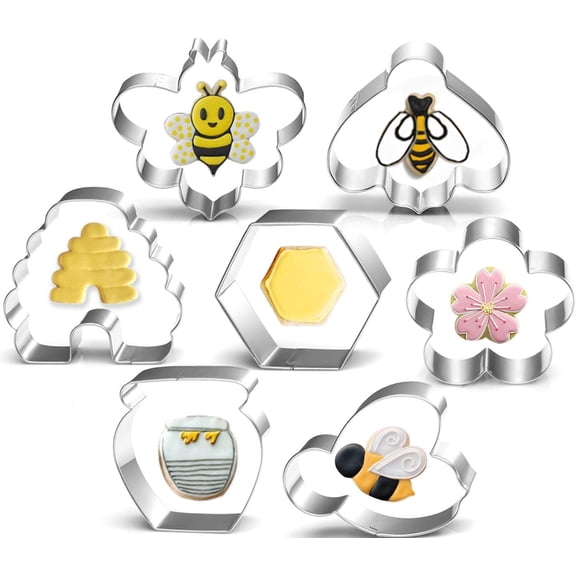 Bee Cookie Cutters Set - 3 Inches - 7 Piece - Beehive, Flower, Honeycomb and Honey Jar Stainless Steel Biscuit Molds for Honey Bee Party Decoration Favor