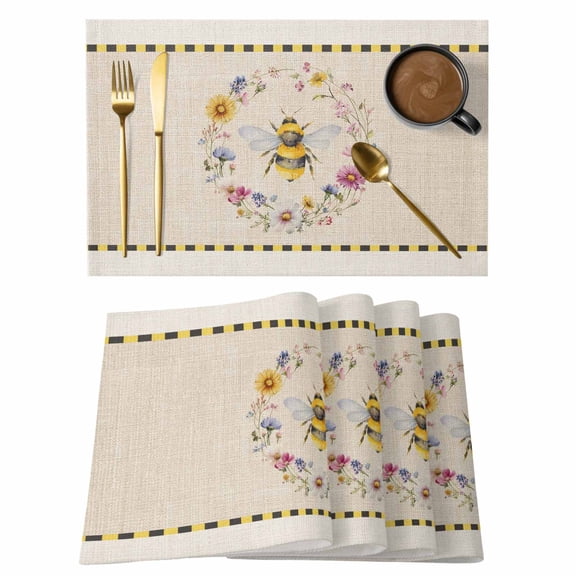 Bee Cotton Linen Placemats Set of 1, Insects Yellow Floral Wreath Pastoral Linen Texture Country Washable Table Place Mats Heat Insulating Placemat for Dining Room Kitchen Daily Use 13 x 19 Inch