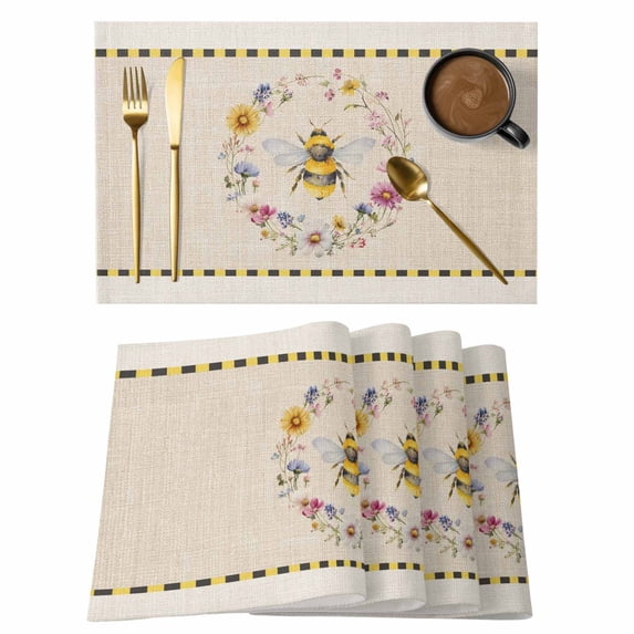 Bee Cotton Linen Placemats Set of 12, Insects Yellow Floral Wreath ...