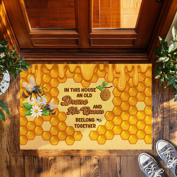 Bee Doormat, In This House an Old Drone and His Queen Quote, Indoor Outdoor Use, Honeycomb Welcome Mat for Porch Patio or Camper, Gift for Couples or Bee Lovers