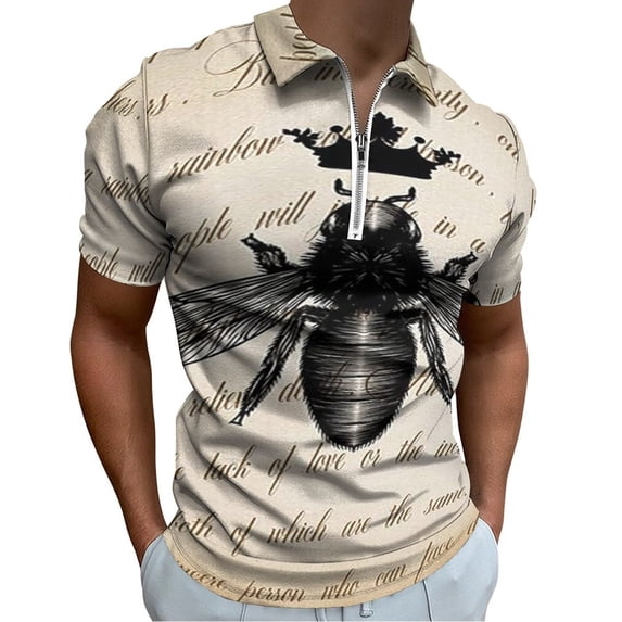 Bee Crown Retro Men Zipper T-shirt Summer Casual Short Sleeve T-shirt Top