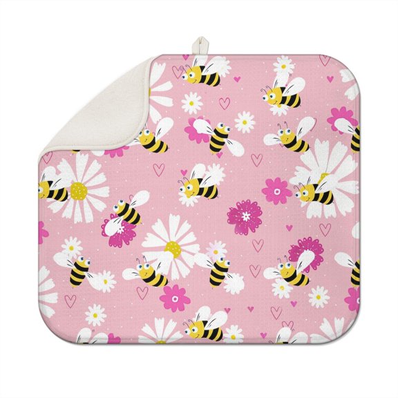 Bee Crown and Wildflower Kitchen Drying Mat - 3-Layer Thick Absorbent Pad, Retro Floral Bee Design, Foldable & Eco-Friendly, 18"x16"