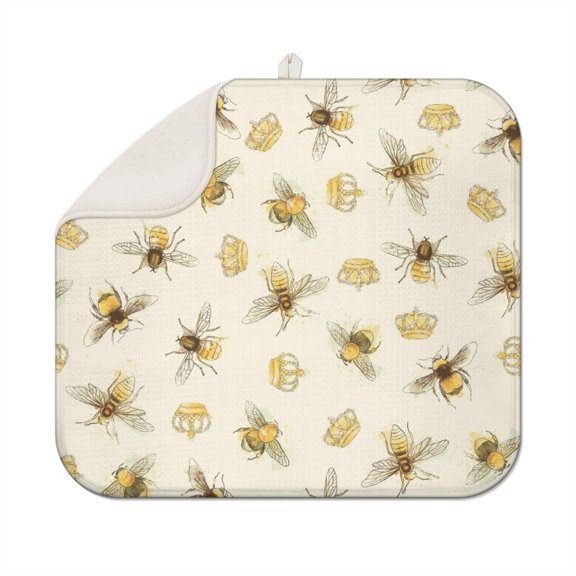 Bee Crown and Wildflower Kitchen Drying Mat - 3-Layer Thick Absorbent Pad, Retro Floral Bee Design, Foldable & Eco-Friendly, 18"x16"