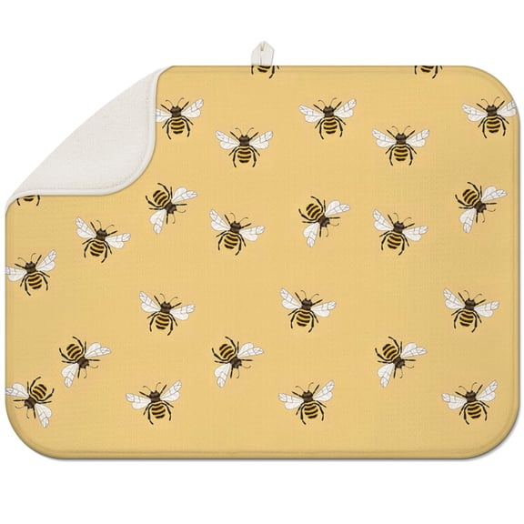 Bee Crown and Wildflower Kitchen Drying Mat - 3-Layer Thick Absorbent Pad, Retro Floral Bee Design, Foldable & Eco-Friendly, 18"x24"