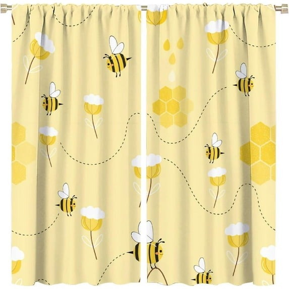 Bee Curtain Cute Bees Yellow Flower Honey Blackout Print Rod Pocket Window Drapes for Bedroom Living Room 42x54in