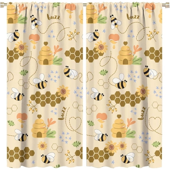 Bee Curtains Cartoon Cute Flying Bees Geometric Hexagonal Honeycomb Yellow Flower Colorful Art Print for Kids Boys Girls Bedroom Living Room Decor Rod Pocket Blackout Window Drape 42x54in