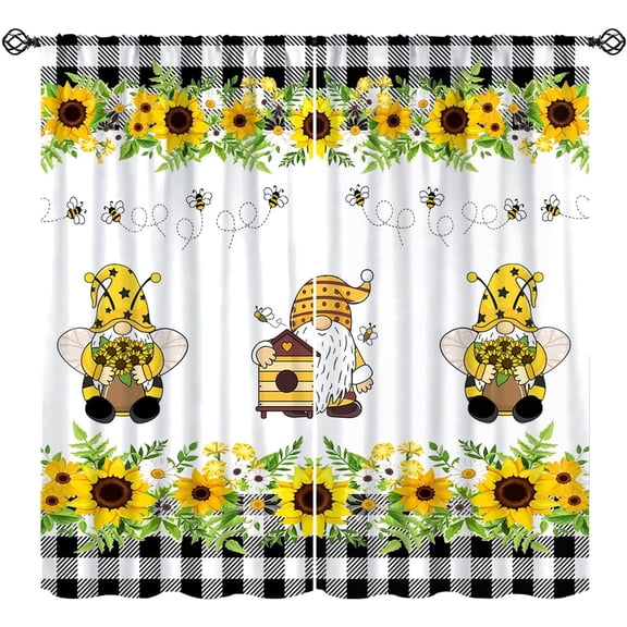 Bee Curtains, Sunflower Black White Scottish Grid Pattern Window Treatments, Rod Pocket Thermal Insulated Drapes 2 Panel Sets for Kids Bedroom Living Room Kitchen, 55" W X 39" L
