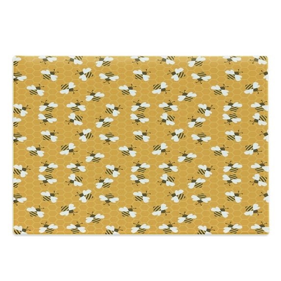 Bee Cutting Board, Bumble Bees Producing Honey by Filling Honeycombs Cells Themed Graphic Image Print, Decorative Tempered Glass Cutting and Serving Board, Large Size, Orange Brown, by Ambesonne