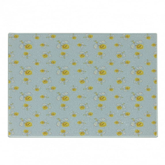 Bee Cutting Board, Hand-Drawn Outline of Insect with Splashed Yellow Paint on Plain Background, Decorative Tempered Glass Cutting and Serving Board, Small Size, Multicolor, by Ambesonne
