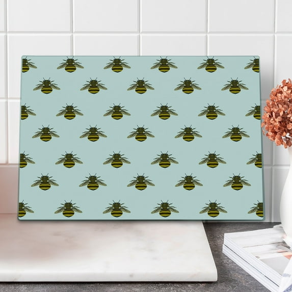 Bee Cutting Board, Repetitive Pattern with Honey Maker Insect on Plain Background, Decorative Tempered Glass Cutting and Serving Board, in 3 Sizes, by Ambesonne