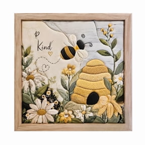 Bee DIY Quilt Kit, Patchwork Fabric Sewing Set for Adults and Kids, Embroidery Craft with Wooden Frame, Home Wall Decor Art Project, Stress Relief Hobby Gift for Beginners