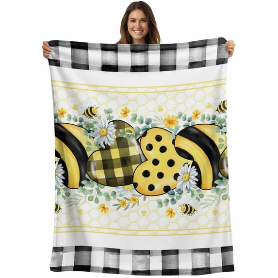 Bee Daisy Blanket Soft Cozy Warm Throw Blanket for Couch, Plush Fuzzy Flannel Fleece Blankets for Sofa, Eucalyptus Leaves Botanical Love Plaid Bed Blankets Lightweight Gifts for Women, 50"x60"