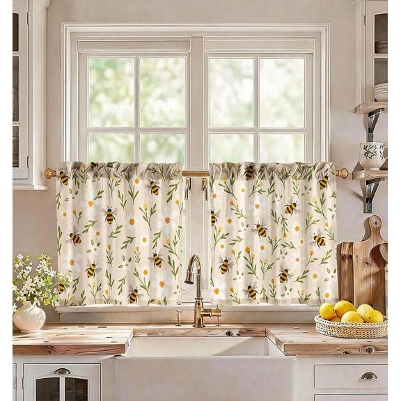 Bee Daisy Floral Kitchen Tier Curtains Rod Pocket Light Filtering Window Curtains for Kitchen Cafe Bathroom Home Decor