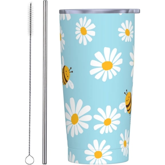 Bee Daisy Flower Tumblers, Cartoon Bee 20oz Stainless Steel Insulated Travel Tumbler,Travel Coffee Mug with Lid and Straw Cups Gifts for Women Men