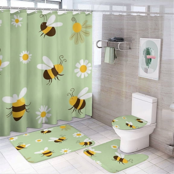 Bee Daisy Garden Print Shower Curtain Set Modern Bathroom Decor Mats 4pcs Fabric Bathroom Curtain Slip Floor Rug Toilet Lid