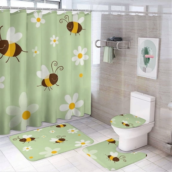 Bee Daisy Garden Print Shower Curtain Sets Non-Slip Rugs Bath Mat Toilet Cover U Shaped Mat 4 Pcs