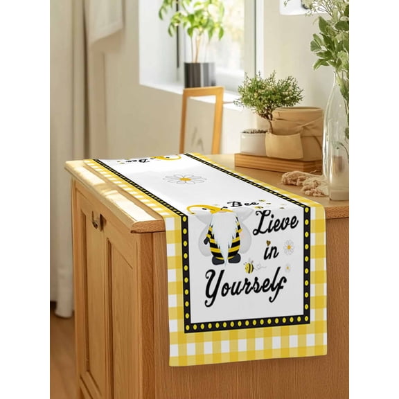 Bee Daisy Love Dwarf Table Runner 13x90in Non-Slip Cotton Linen Table Runners, Yellow and White Dot Plaid Dresser Scarves TableRunner for Dinner Kitchen Dining Wedding Party