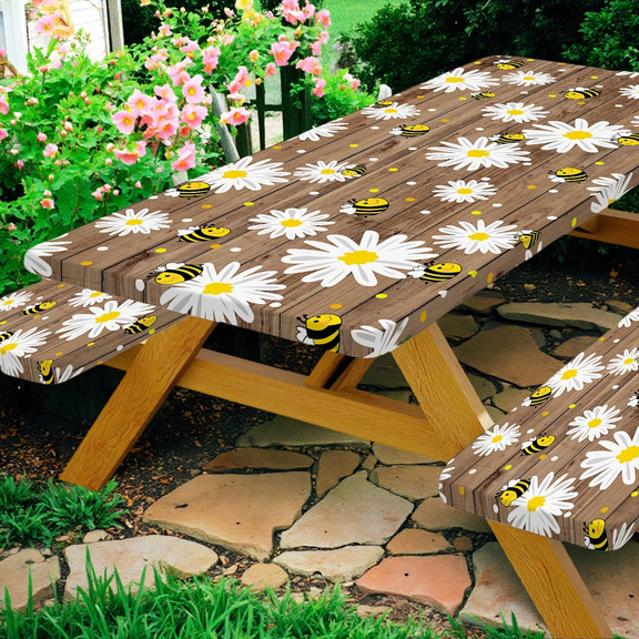 Bee Daisy Picnic Table Cover with Bench Covers Waterproof Windproof Elastic Fitted Outdoor Camping RV Tablecloths with Drawstring Bag Reusable Rectangle Rectangle Tables and Seats Cover 30X96IN