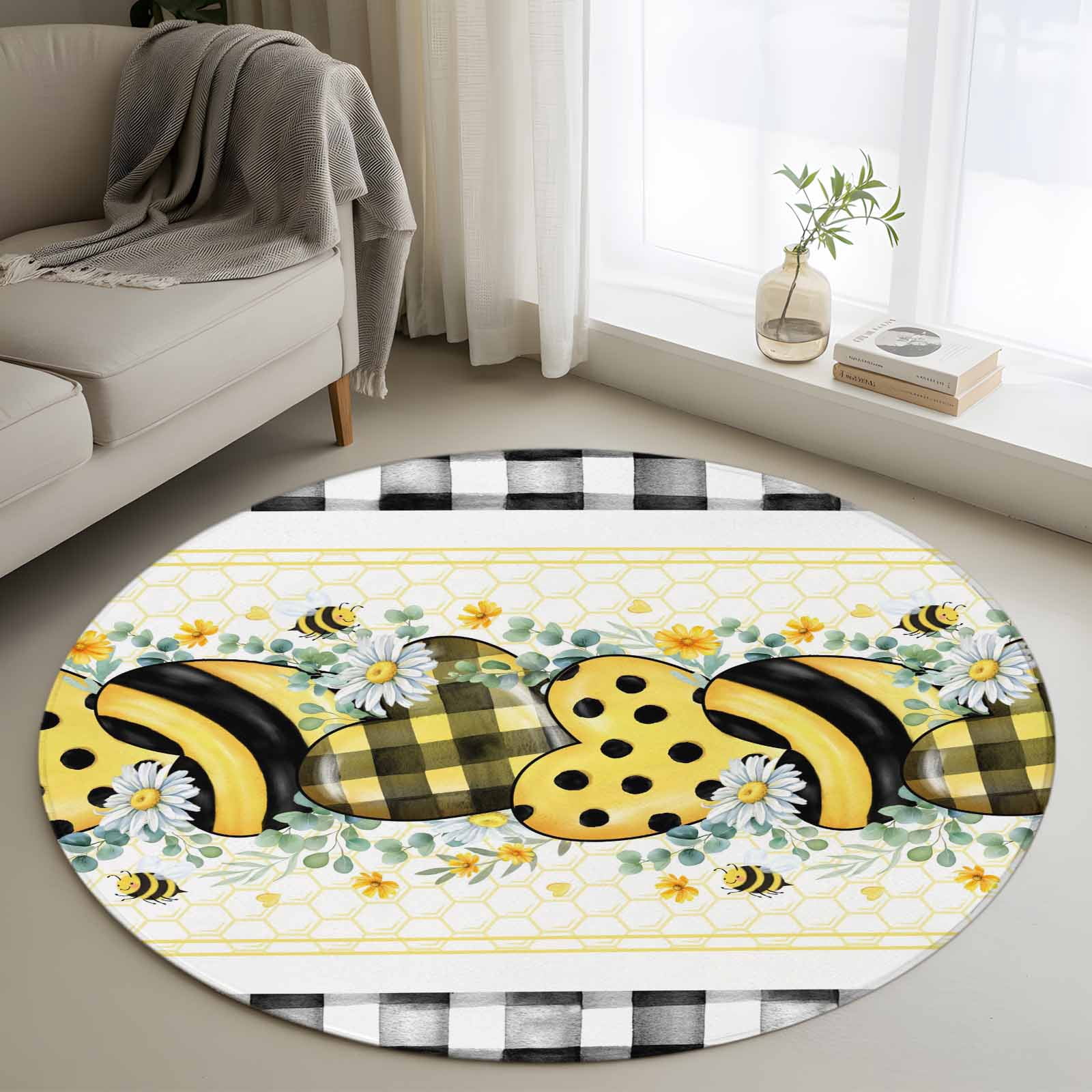 Bee Daisy Round Rug 4ft Washable Circle Entryway Rugs Non Slip ...