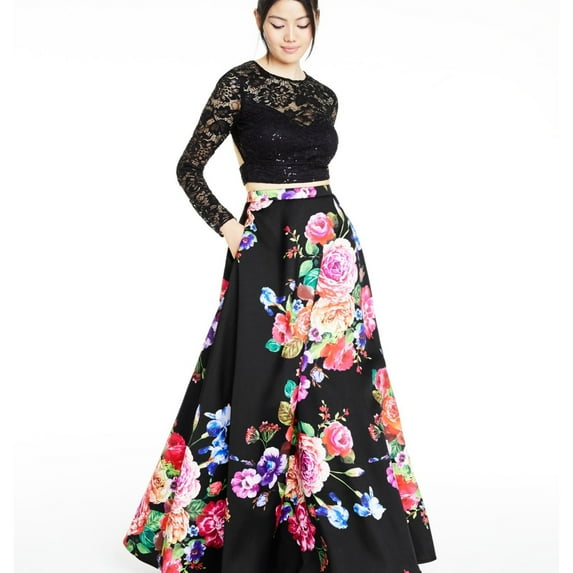 B. DARLIN Womens Sequin Lace Crop Top Blouse, Black, Juniors, 3/4