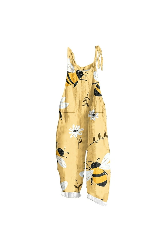 Bee Day Fashion Bib Pants for Women Funny Printed Vintage Harem Jumpsuits with Pockets Vacation Casual Party Attires