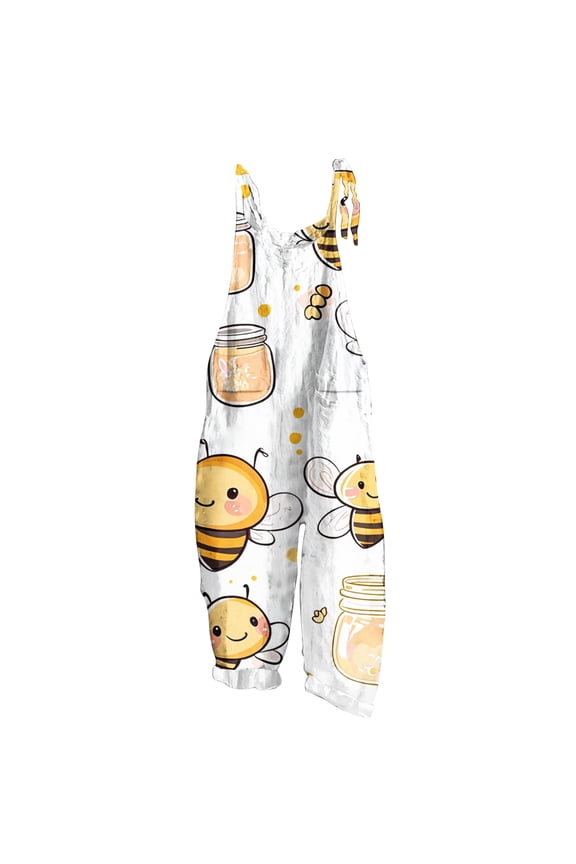 Bee Day Fashion Bib Pants for Women Funny Printed Vintage Harem Jumpsuits with Pockets Vacation Casual Party Attires