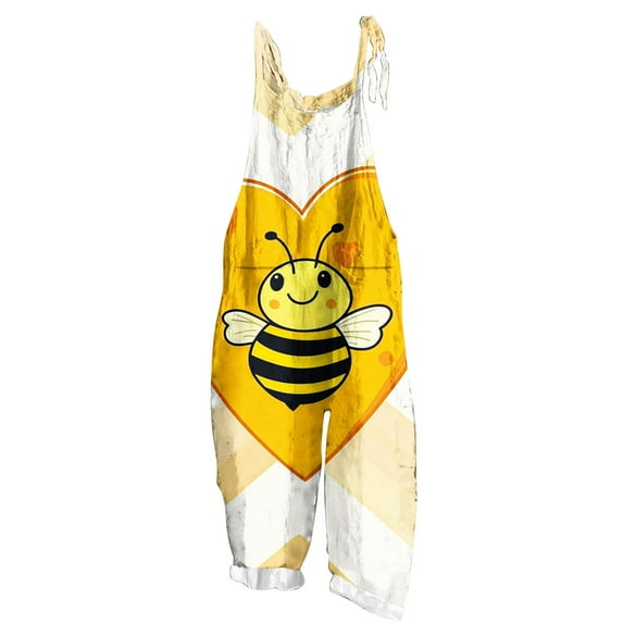 Bee Day Fashion Bib Pants for Women Funny Printed Vintage Harem Jumpsuits with Pockets Vacation Casual Party Attires