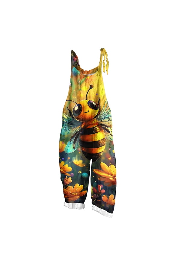 Bee Day Fashion Bib Pants for Women Funny Printed Vintage Harem Jumpsuits with Pockets Vacation Casual Party Attires