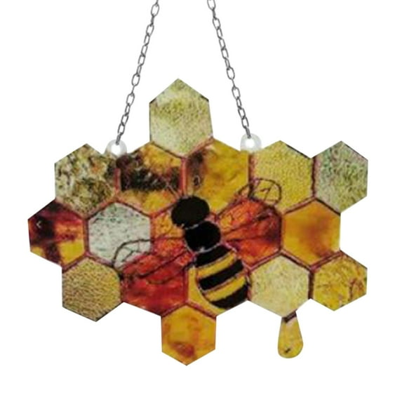 Bee Decor,Bee Honeycomb Hanging, Wall Hanging Suncatcher Stained Indoor Outdoor Hanging Art Ornament For Yard Garden Ornament, Nature And Bee Lovers