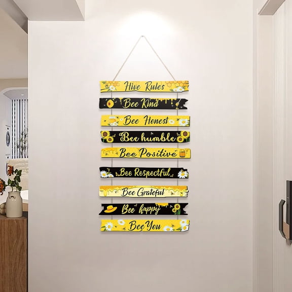 Bee Decor Plaque Wooden Inspirational Sign Honey Bee Flower Hive Rules Wood Ornament for Classroom Living Room Summer Party Wall Decoration