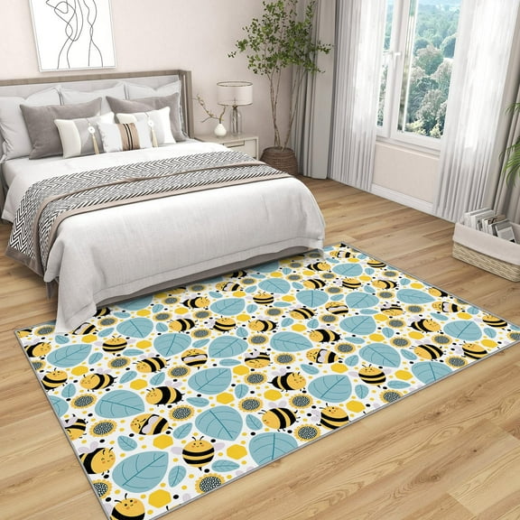 Bee Decorations - Honey Bee Rug, Kids Cartoon Bees And Leaves Rugs For Living Room Bedroom, Washable Non Slip Soft Small Carpet, Patterned Area Rugs & Home Decor