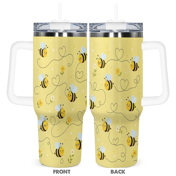 40oz Cute Bee Floral Travel Tumbler with Handle and Straw Lid Insulated Car Cup Holder Friendly Coffee Cup Gift for Bee Lovers