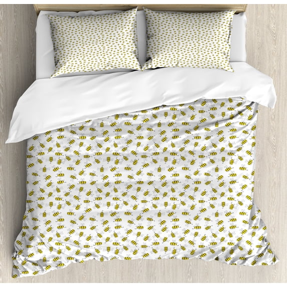 Bee Duvet Cover Set, Continuous Happy Buzzing Animal Pattern on Plain Backdrop, Decorative 3 Piece Bedding Set with 2 Pillow Shams, Calking Size, Yellow Charcoal Grey, by Ambesonne