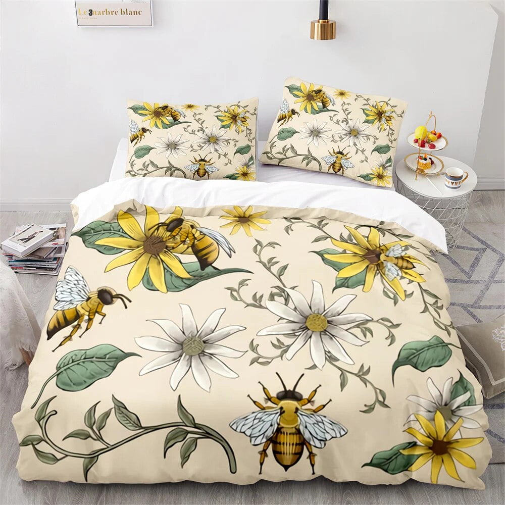 Bee Duvet Cover Set Watercolour Painting Cartoon Cute Wildlife Comforter Cover King for Kids