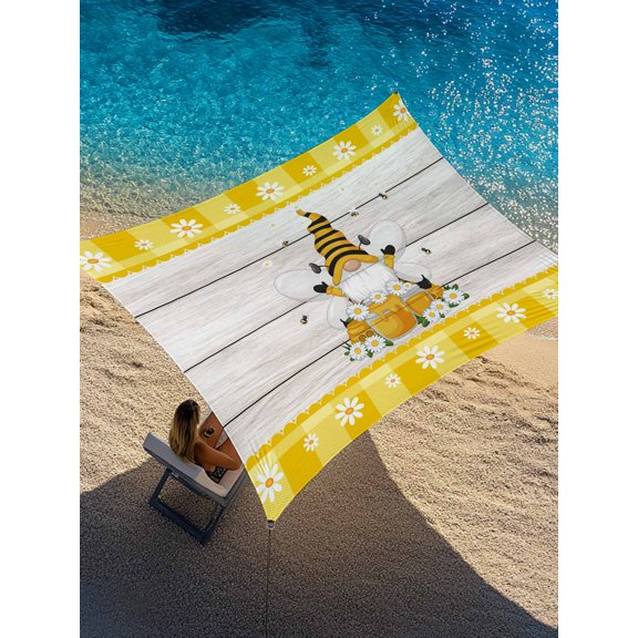 Bee Dwarfs Sun Shade Sail 14' x 18', White Daisy Flower Wood Grain Yellow Plaid Rectangle Outdoor Sunshade Canopy, Waterproof UV Block Patio Covers for Garden Yard Beach