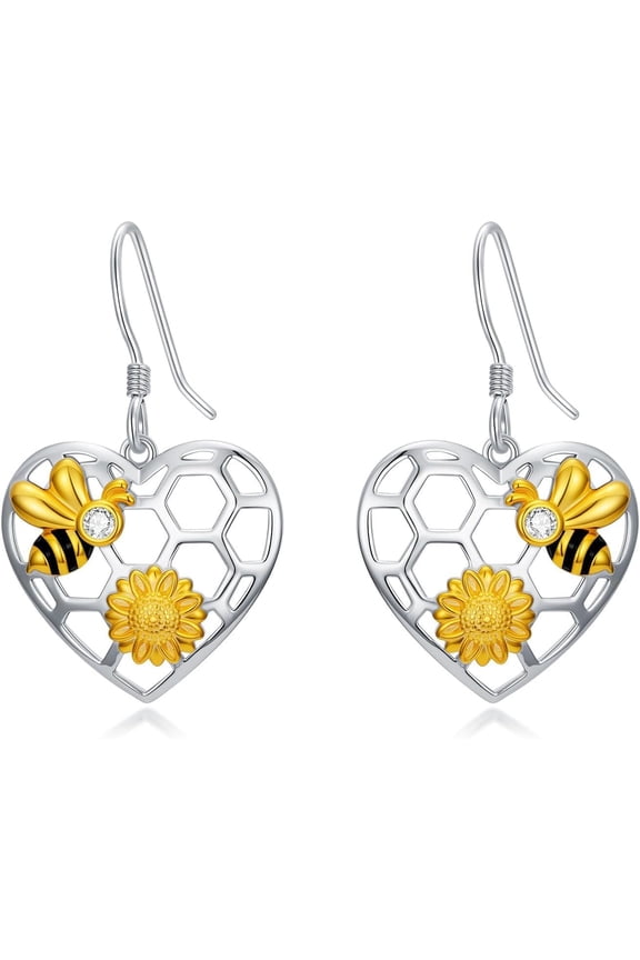 Bee Earrings for Women, 925 Sterling Silver Bumble Bee Dangle Drop Earrings, Unique Heart Honey Earrings Bees Jewelry Gifts for women Birthday Valentines Christmas