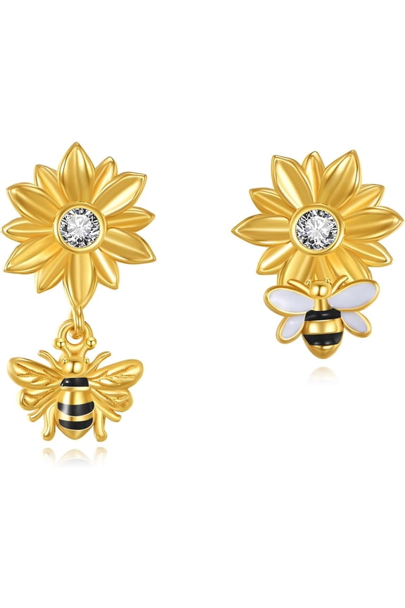 Bee Earrings for Women 925 Sterling Silver Sunflower Bee Stud Earrings 18K Gold Plated Bee Jewelry for Women