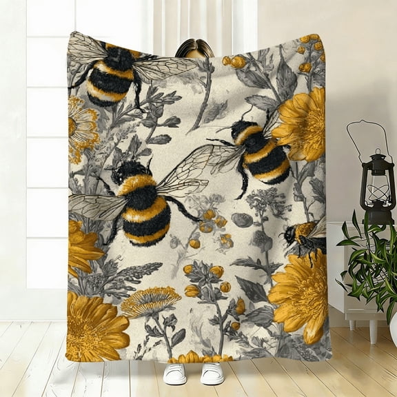 Bee Element 1pc, Retro Hand-Drawn Design, Bees, Yellow Wildflowers, Insects, Animals, Plants, Dandelions, Cozy And Warm Printed Blanket, Perfect Holiday Presents for Classmates.