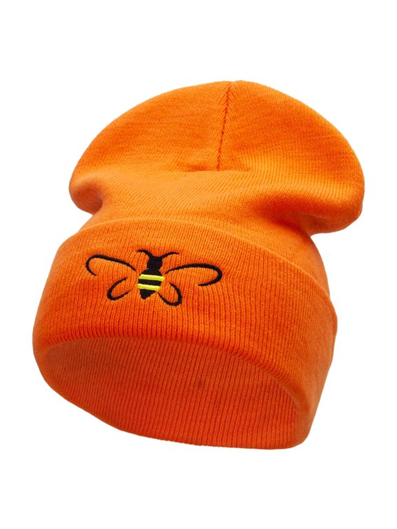Bee Embroidered 12 Inch Long Knitted Beanie - Orange OSFM