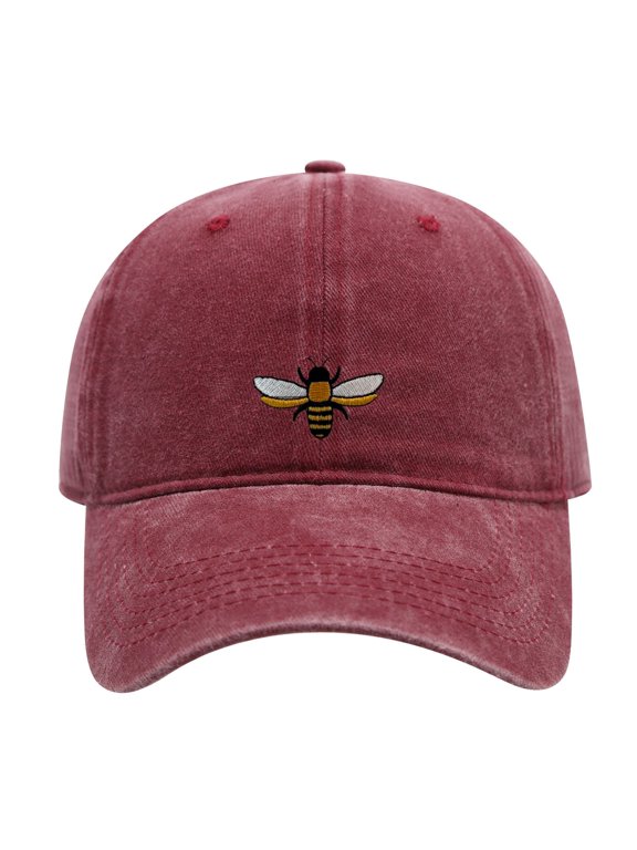 Bee Embroidered Adult Washed Cotton Baseball Cap, Adjustable Unstructured Dad Hat for Outdoor Daily Wear
