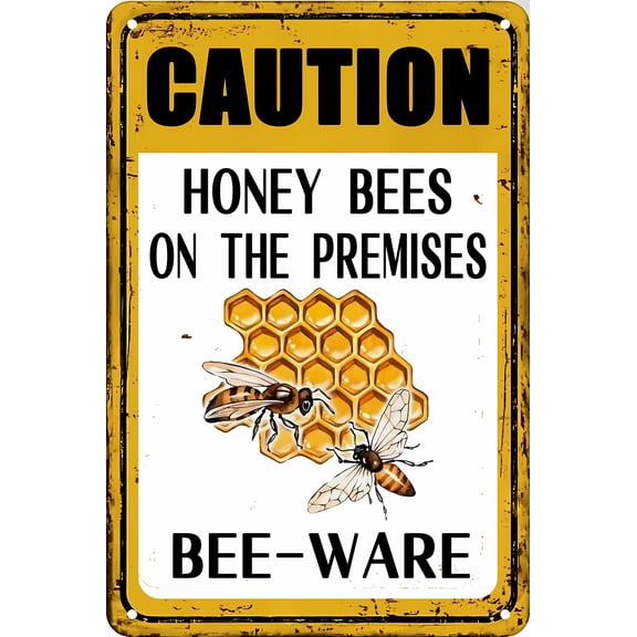 Bee Farm 8"x12" Tin Sign, Caution Beware Honey Bees Sign, Home Farmhouse Garden Yard Wall Decoration, Bee Keeping Decor