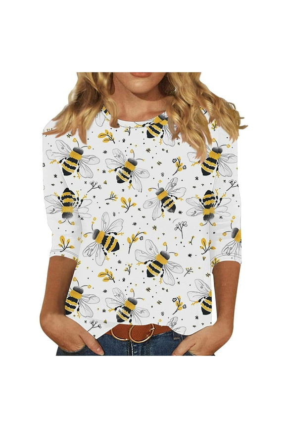 Bee Festival 3/4 Length Sleeve Womens Tops Round Neck Loose Spring Tee Shirts Dressy Casual Print Blouses Tunic