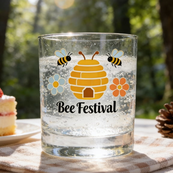 Bee Festival Glass Cup ,Clear Water Cup with Cute Bee Pattern,Easy Clean,3.4 oz,Perfect for Sparkling Water,Coffee Mugs ,Tea, Wine,Beer Cup,Beverage Cup