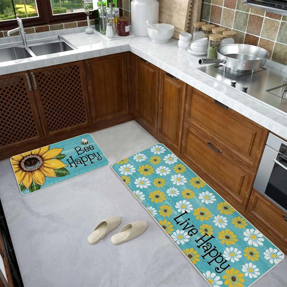 Bee Festival Kitchen Rugs and Mats Set of 2, Non Slip Summer Sunflower Sunshine Doormat, Washable Bee Happy Runner Carpet, Spring Decorative Mats for Home Laundry Room Bathroom Decoration (A)