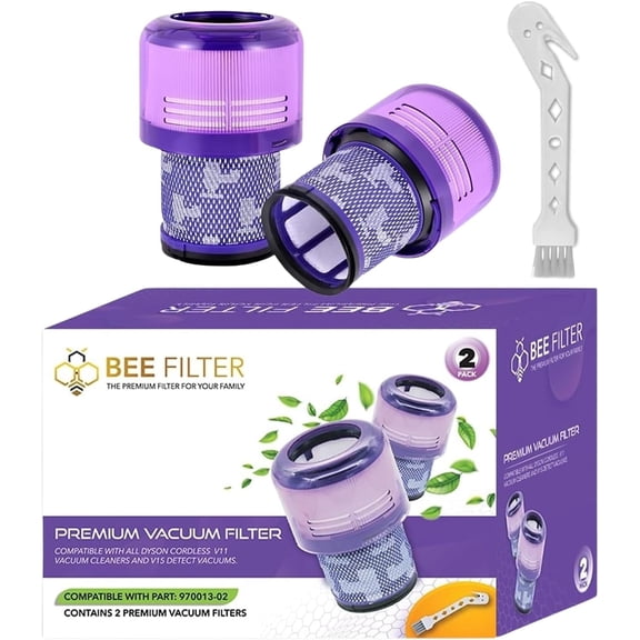 Bee Filter 2-Pack Purple Premium True HEPA Replacement Filters Compatible with Dyson V15 Detect, V15 Detect Absolute, V15 Submarine, V11 Animal Filter, V11 Filter, Part no 970013-02