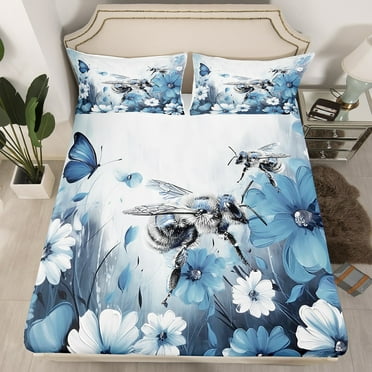 Bee Fitted Sheet Daisy Flowers Twin Bed Sheets s,Grey Blue Ombre Oil Painting Floral Sheets Graffiti Art Bedding Set Honeybee Butterfly Bohemian Decor