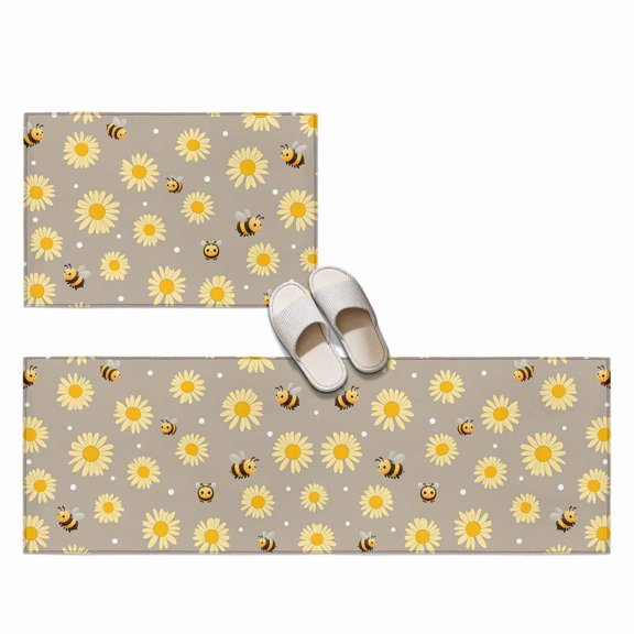 Bee Floral 2 Pieces Non-Slip Kitchen Mat Set, Cartoon Bees Yellow Daisy Grey Background Soft Door Mat with Rubber Backing, Dirtproof Rugs for Entrance Doorway, 23.6x35.4in+23.6x70.9in