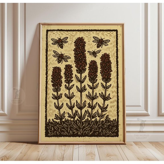Bee Floral Illustration Mustard Botanical Insect Nature Poster Art, Unframed Poster