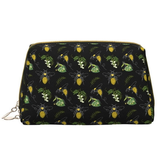 Bee Floral Makeup Bag, Large Capacity Travel Cosmetic Bag for Women Girls- Travel Toiletry Bag Leather Portable Waterproof Makeup Case Organizer with Handle