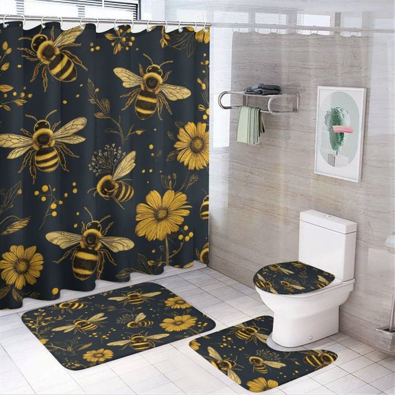 Bee Floral Pattern Shower Curtain Waterproof Bathroom Curtain Anti-slip Bath Mat Set Toilet Rugs Carpet